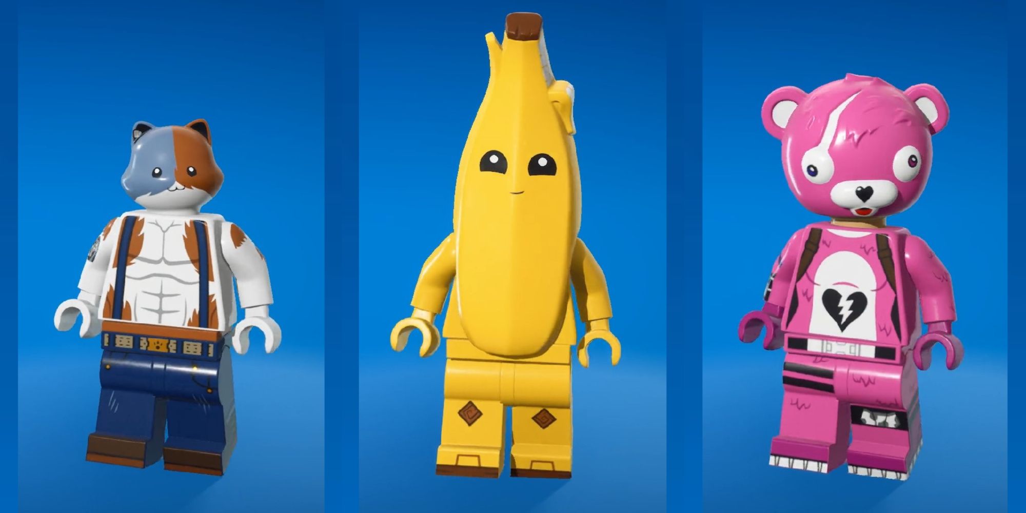 Une image de Lego Fortnite de trois skins différents, nommés Meowscles, Peely et Cuddle Commander. Ces trois skins ne présentent que quelques-uns des modèles de skin Lego personnalisés du jeu.