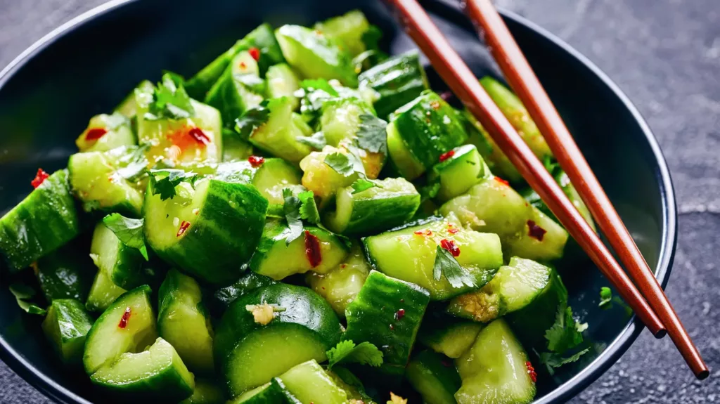 Smashed, garlicky, spicy cucumber salad is a perfect hot weather treat.