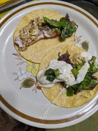 tacos, thon ahi, fromage, pois mange-tout, oignons verts, oignons verts