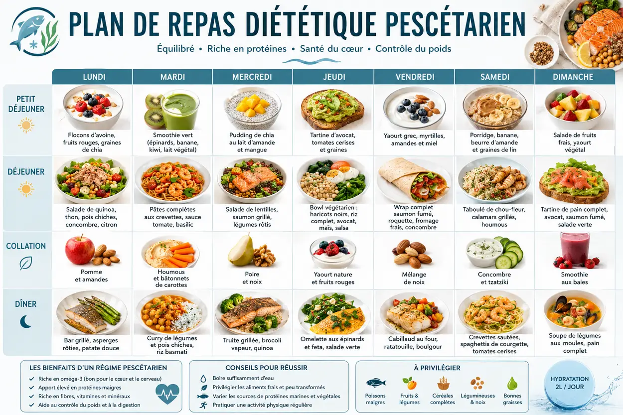 Plan de repas diététique pescétarien (Pescatarian) de 7 jours