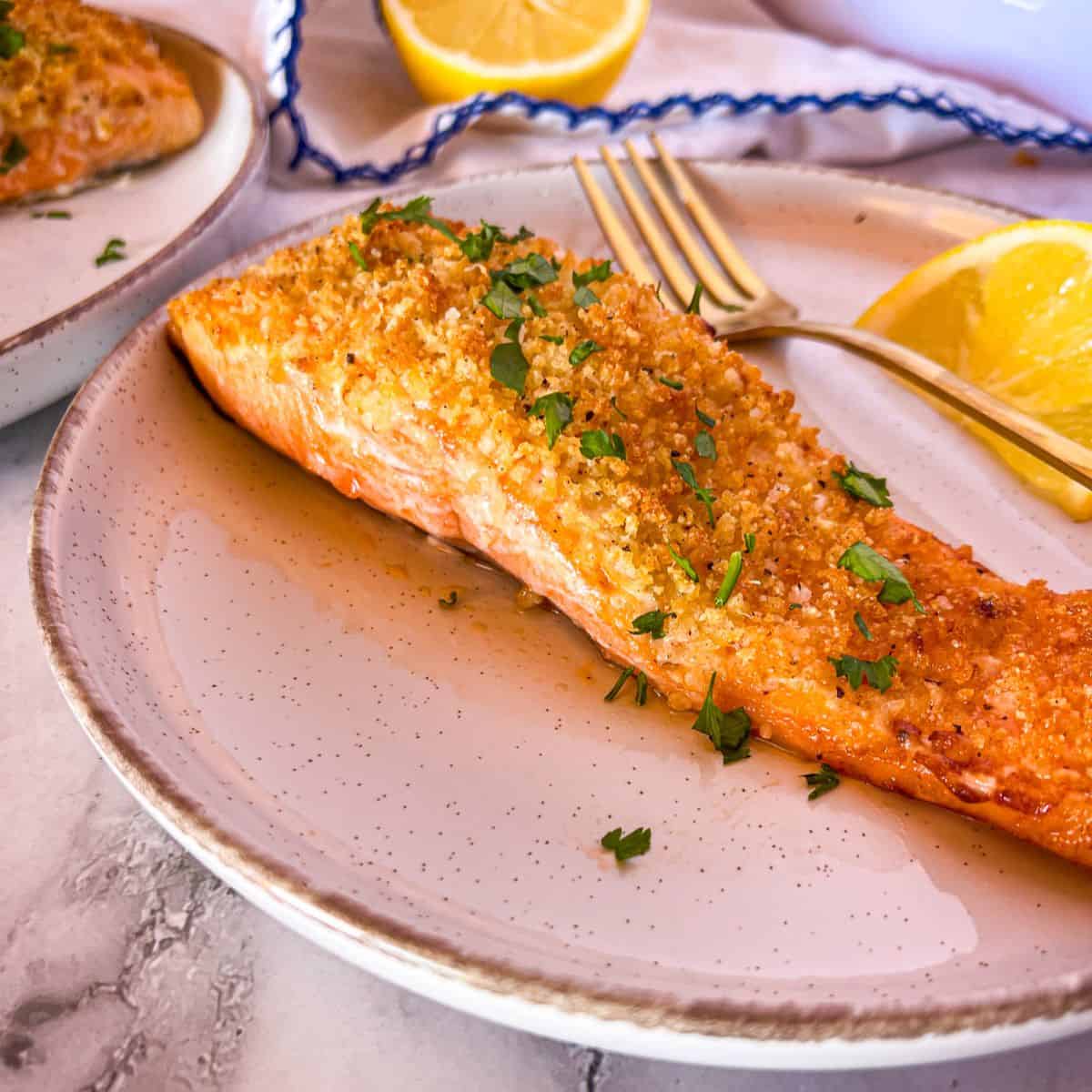 Parmesan crusted salmon on a white plate.