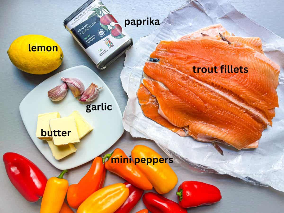 Les ingrédients de la truite cuite au four disposé sur une table.