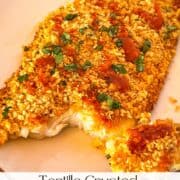Air Fryer Tortilla Cruted Fish sur une assiette.