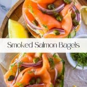 Affiche du saumon fumé sur du fromage à la crème et du bagel garni de câpres, d'aneth et d'oignons rouges.