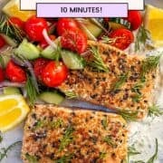 2 morceaux de saumon avec assaisonnement sur un lit de tzatziki et servi avec des légumes et garni de l'aneth.