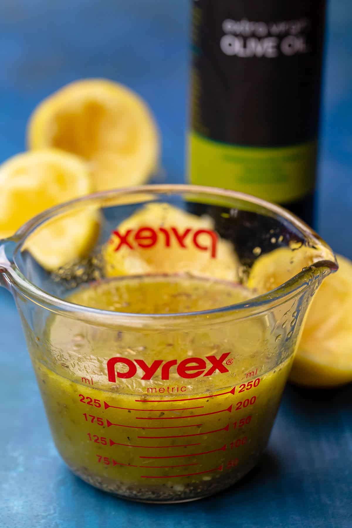 Vêtue à salade grecque ladolemono avec du jus de citron et de l'huile d'olive