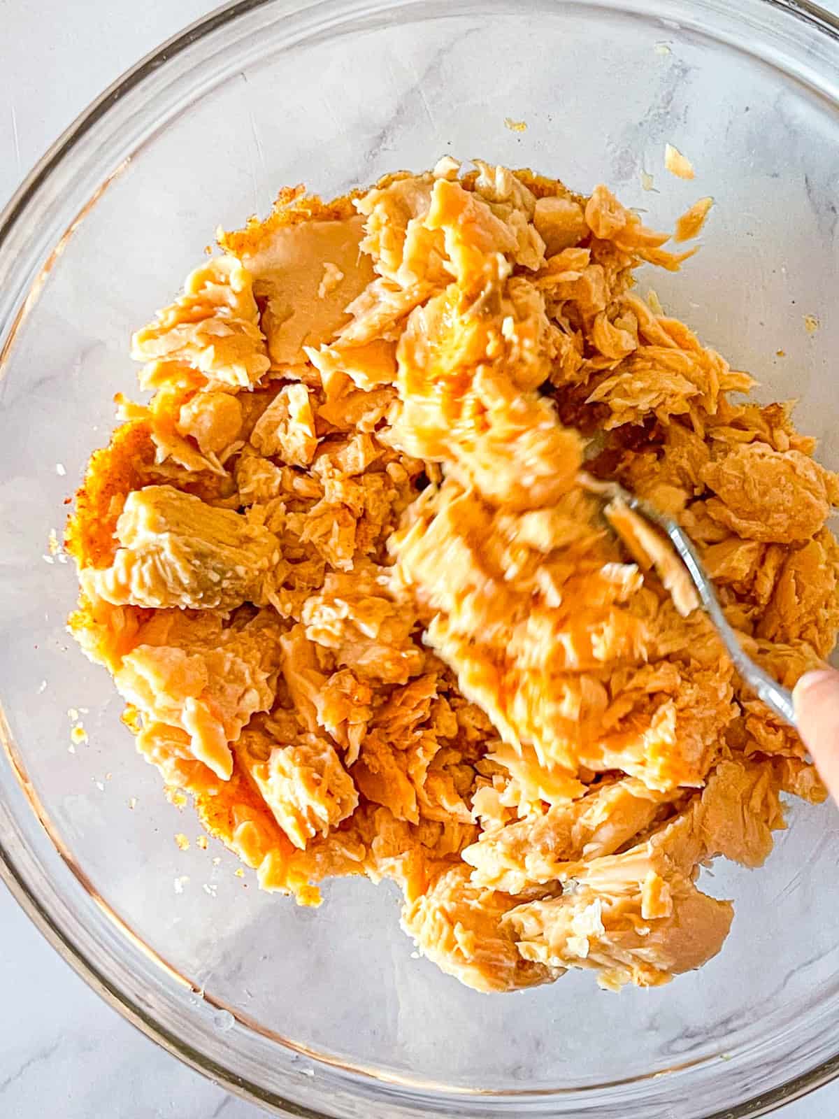 Mélange de saumon dans un bol.