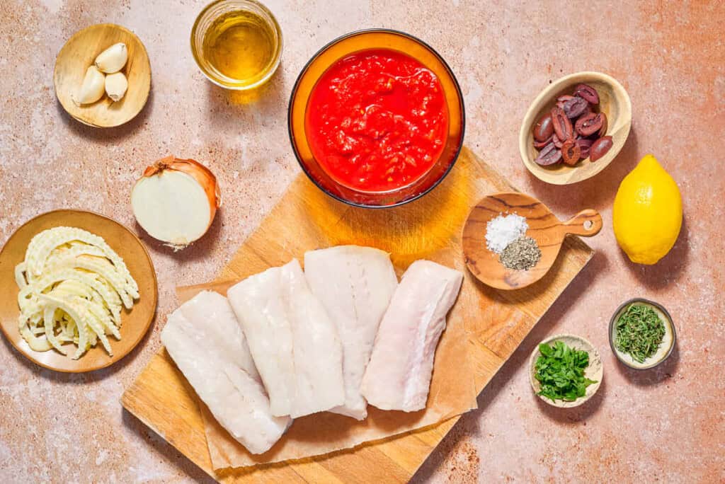 Ingrédients pour les poissons provençaux, y compris les filets de haddock, le sel, le poivre noir, l'huile d'olive, l'oignon, le fenouil tranché, l'ail, les tomates écrasées, les olives de kalamata, le thym, le persil et le citron.