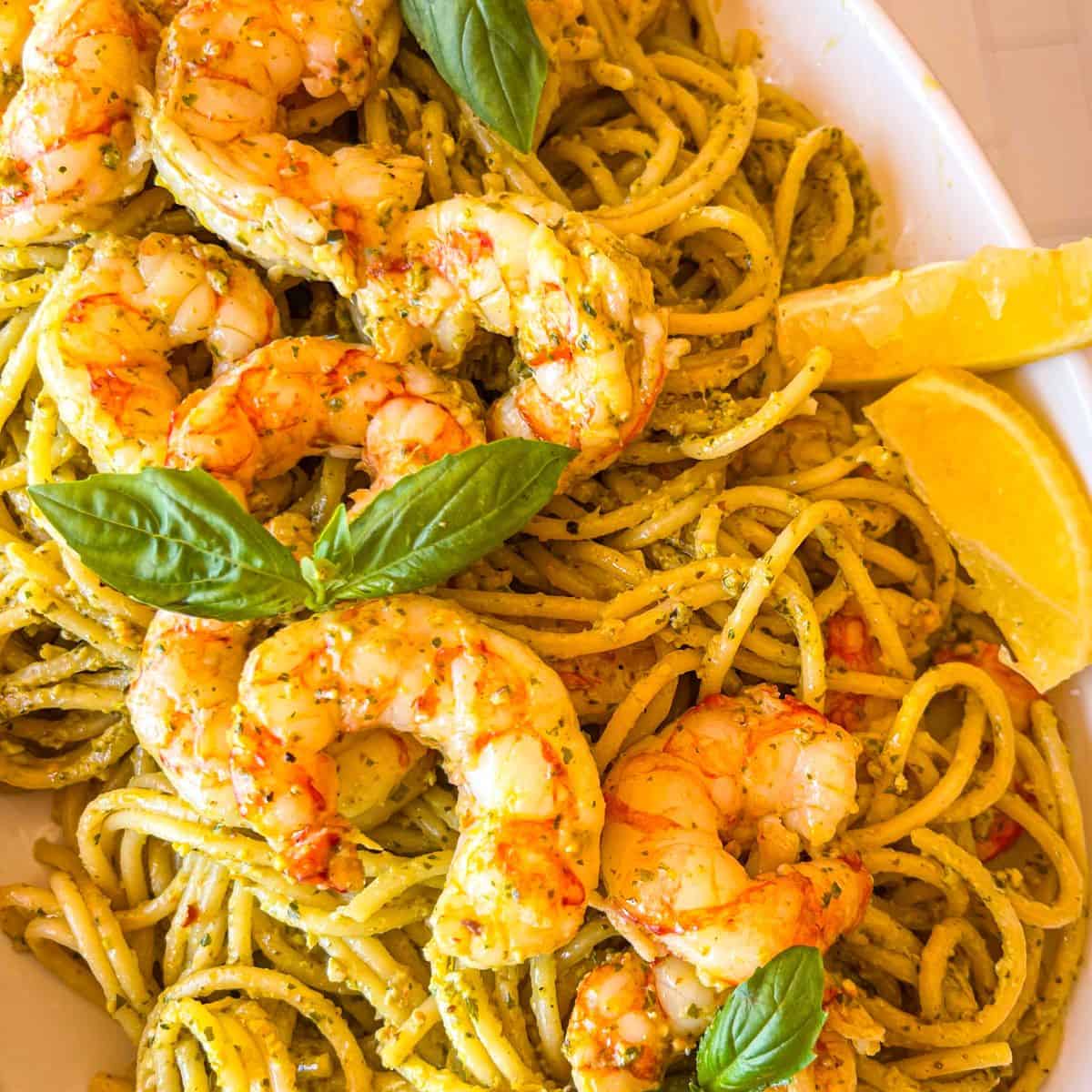 Pesto shrimp pasta in a platter.