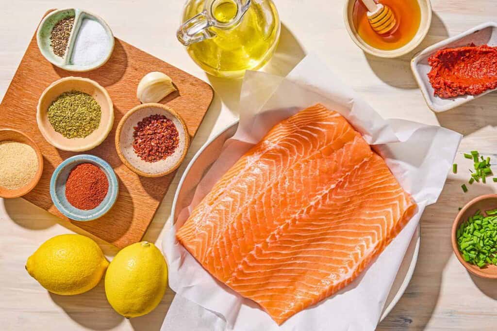 Ingrédients pour les piqûres de saumon à air fritères, y compris le saumon, l'huile d'olive, le citron, la poudre d'ail, le poivre d'aip, l'origan, le paprika fumé, le sel, le poivre, la ciboulette, le miel, la harissa, le jus de citron et l'ail.