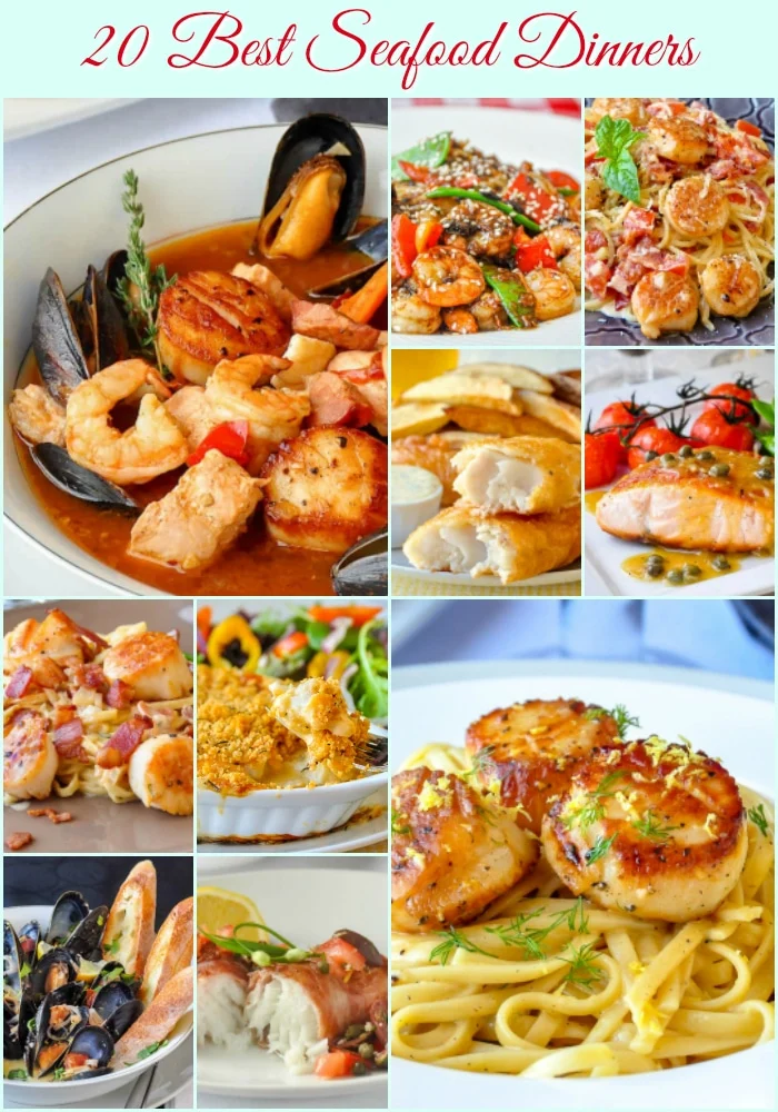 20 meilleures recettes de dîner de fruits de mer, collage de photos avec texte de titre pour Pinterest