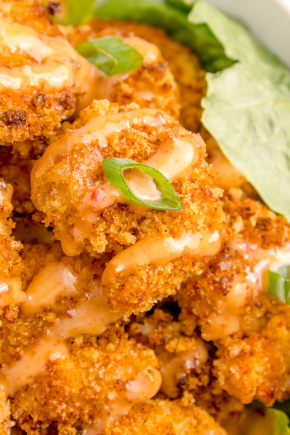 Close up of a single breaded fried shrimp that