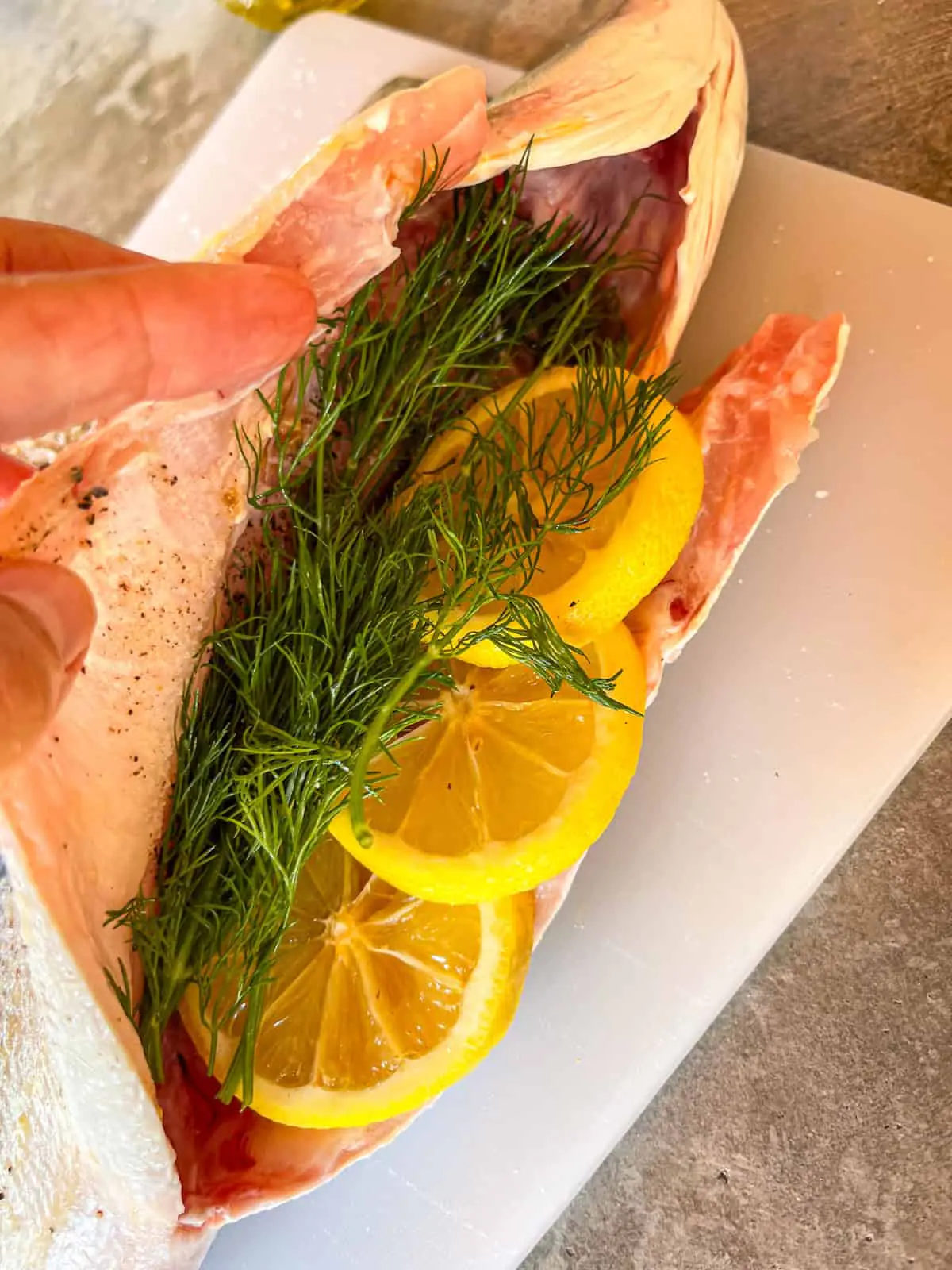 Branzino entier garni de citron et d’aneth avant la cuisson