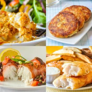 Photo collage of 4 cod fish recipes.