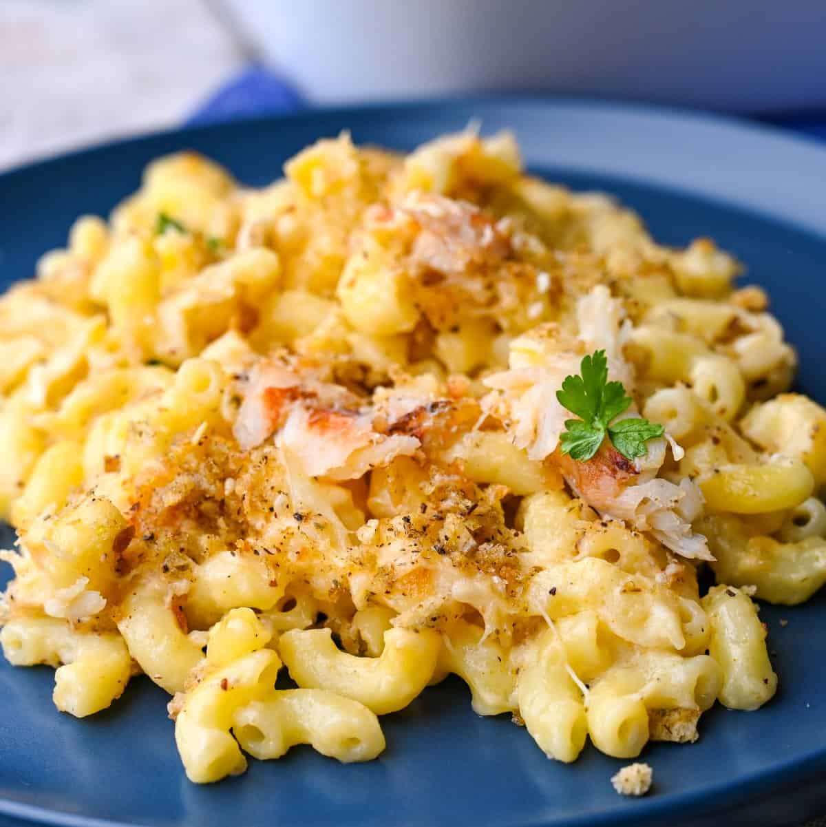 crab and mac and cheese topped with breadcrumbs and parsley on a blue plate