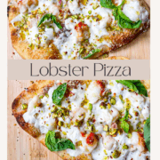 affiche de 2 pizzas au homard sur une planche.