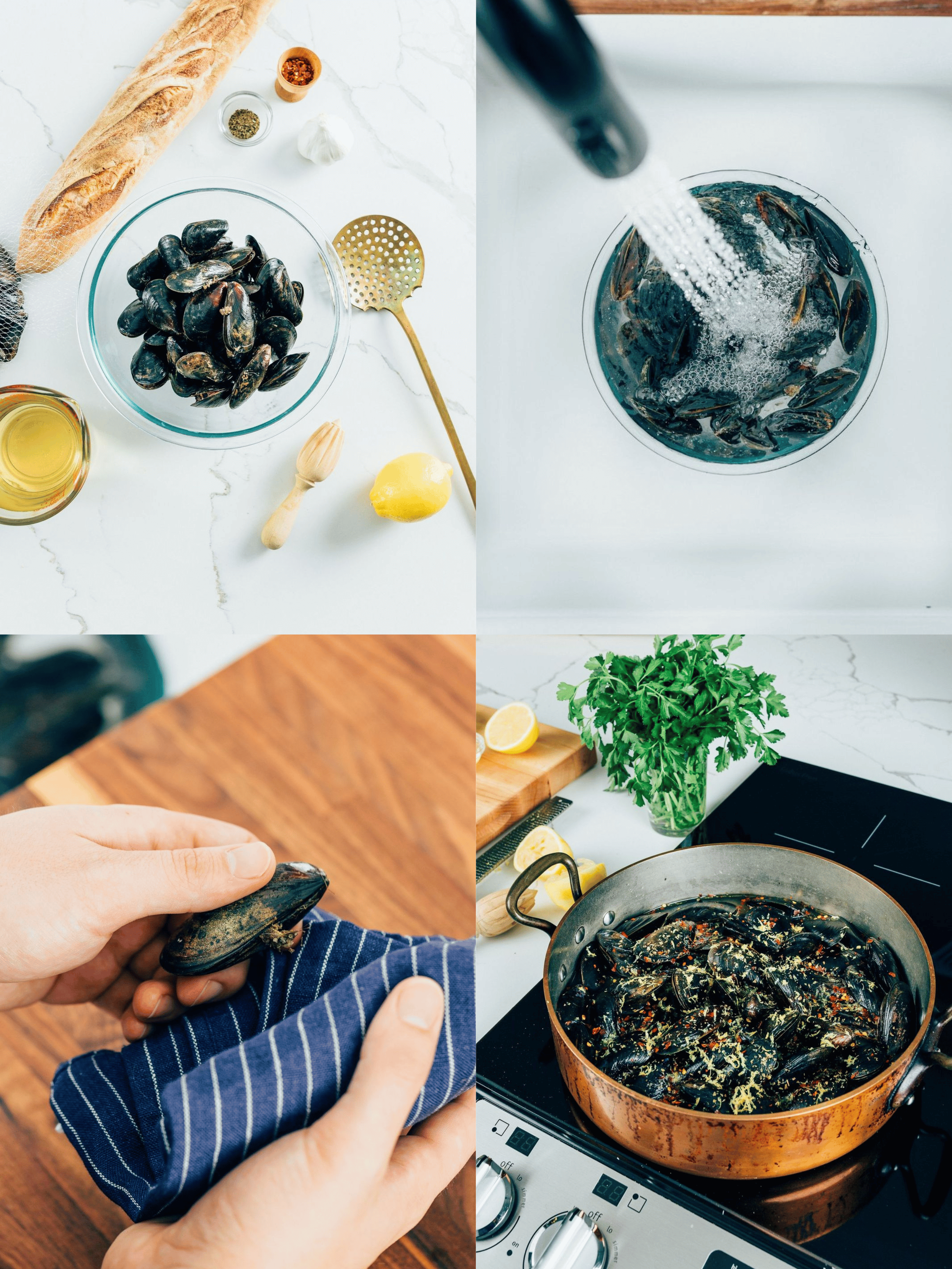 Moules au vin blanc servies avec du pain