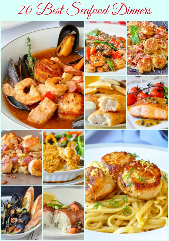 20 meilleures recettes de dîner de fruits de mer, collage de photos avec texte de titre pour Pinterest