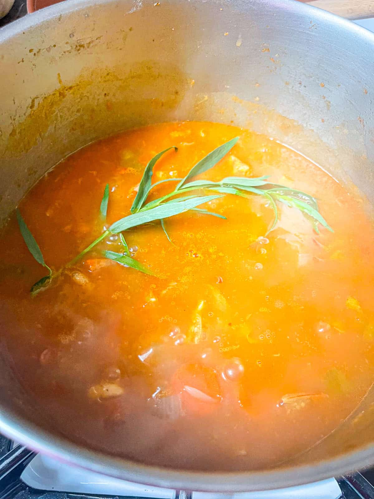 Bouillon à l'estragon dans une marmite.