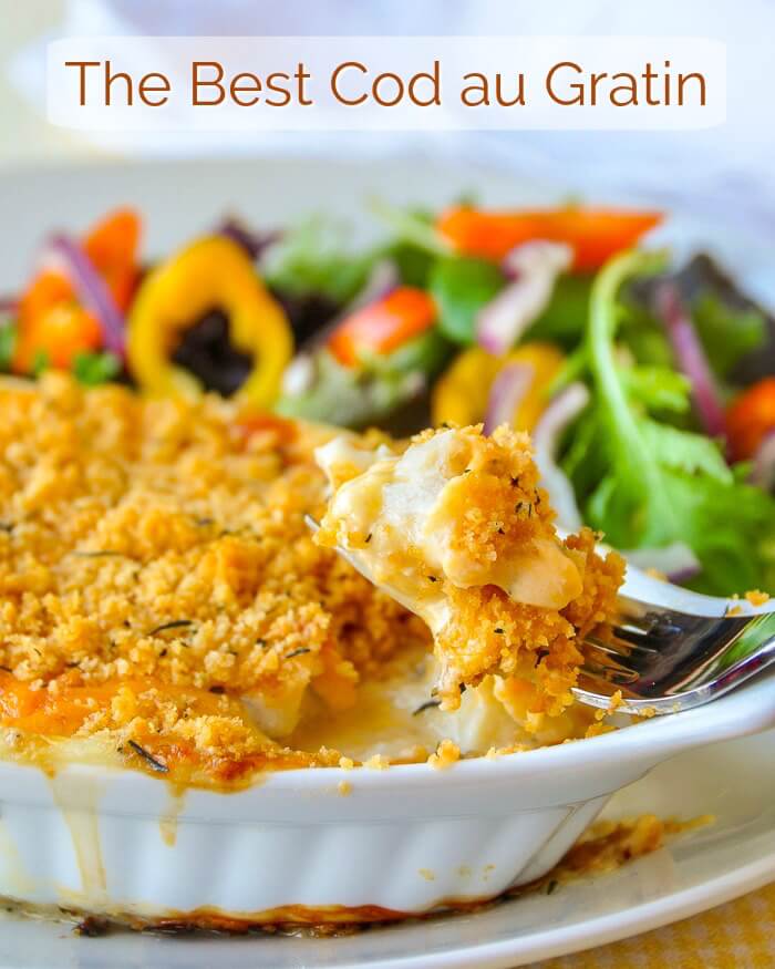 Morue gratinée avec texte du titre