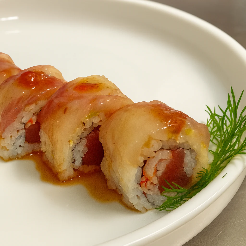 Rouleau de sushi assemblé avec du thon vieilli à sec, de la chair de crabe, du riz et du nori