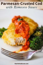 Une vue rapprochée de la morue en croûte de parmesan garnie de sauce romesco et une bouchée de celle-ci a disparu.