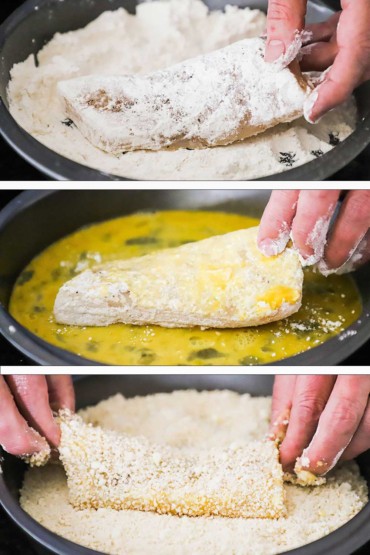 Une personne draguant un filet de morue dans de la farine puis de l'œuf, puis un mélange Panko parmesan.