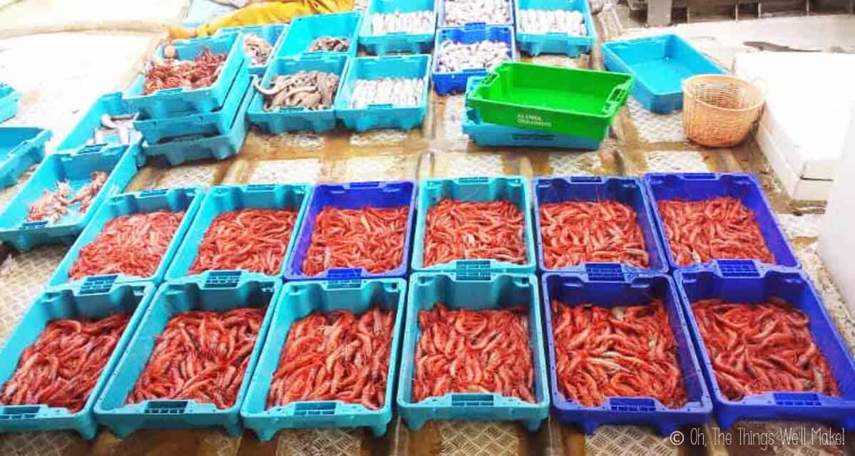 Plusieurs caisses de crevettes rouges de Denia au premier plan, avec d'autres caisses de poissons et autres fruits de mer en arrière-plan.