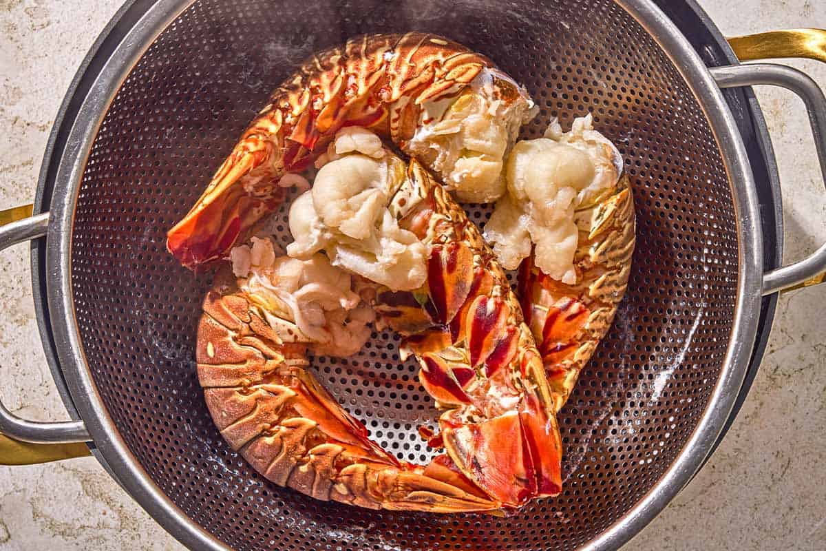 Les queues de homard pour les pâtes au homard sont cuites à la vapeur dans une passoire sur un fond d'eau bouillante.