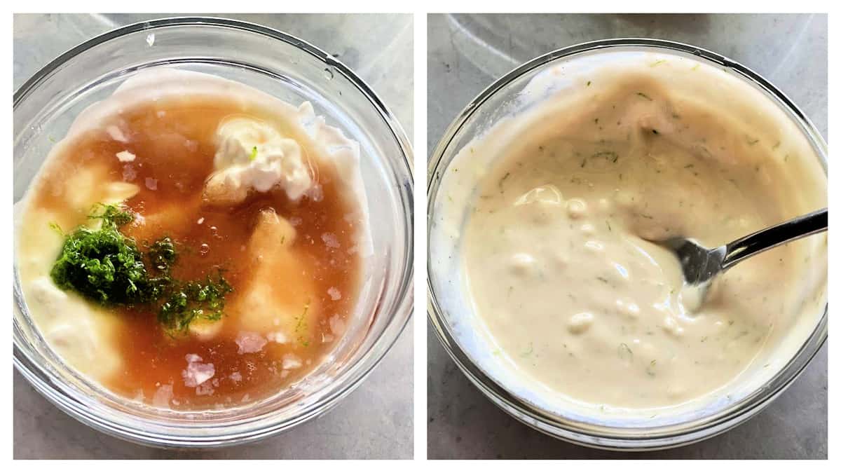 Deux photos divisées ; à gauche des ingrédients dans le bol, à droite de la sauce mélangée.