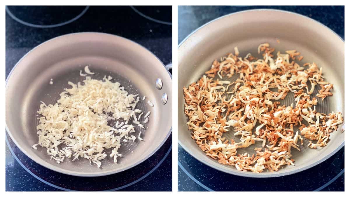 Deux photos ; à gauche des flocons de noix de coco sur une poêle à droite des flocons de noix de coco grillés.