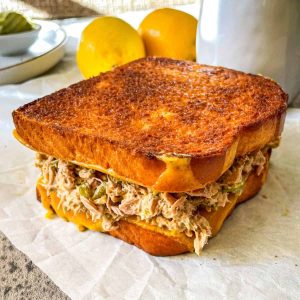 Air Fryer tuna melt on a table.