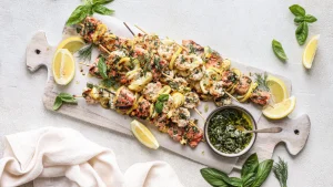 Brochettes de saumon rouge et de crevettes à l'ail et aux herbes – Wild For Salmon