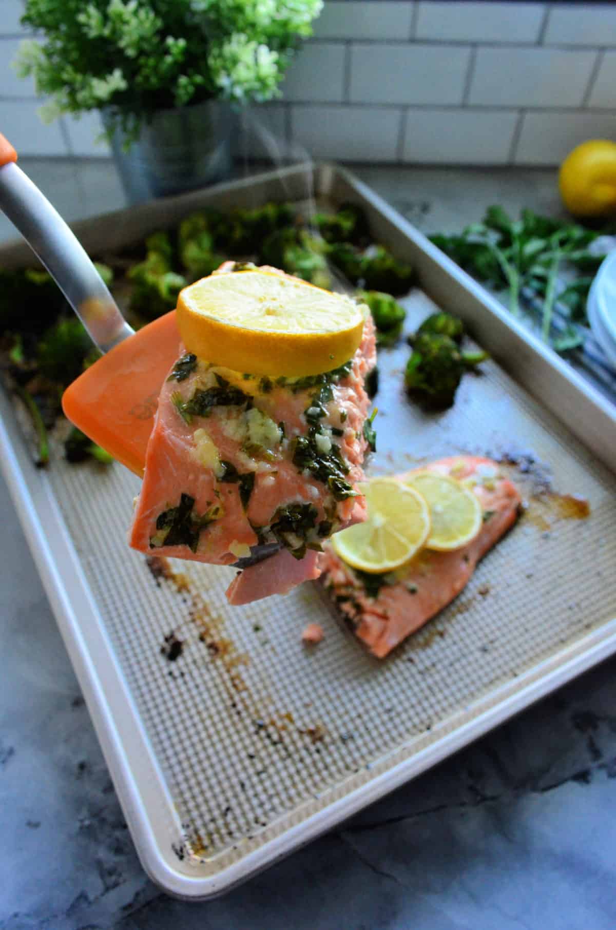 spatule contenant du saumon beurré aux herbes et garni d'une rondelle de citron sur le reste du saumon.