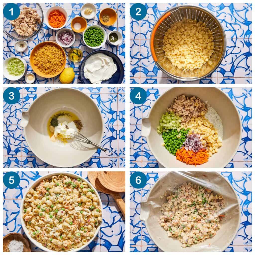 Comment faire une salade de pâtes au thon. Étape 1 : rassembler vos ingrédients, Étape 2 : cuire et égoutter les pâtes, Étape 3 : préparer la vinaigrette, Étape 4 : ajouter tous les ingrédients dans un grand arc, Étape 5 : mélanger la salade, Étape 6 : couvrir les pâtes et réfrigérer avant de servir.