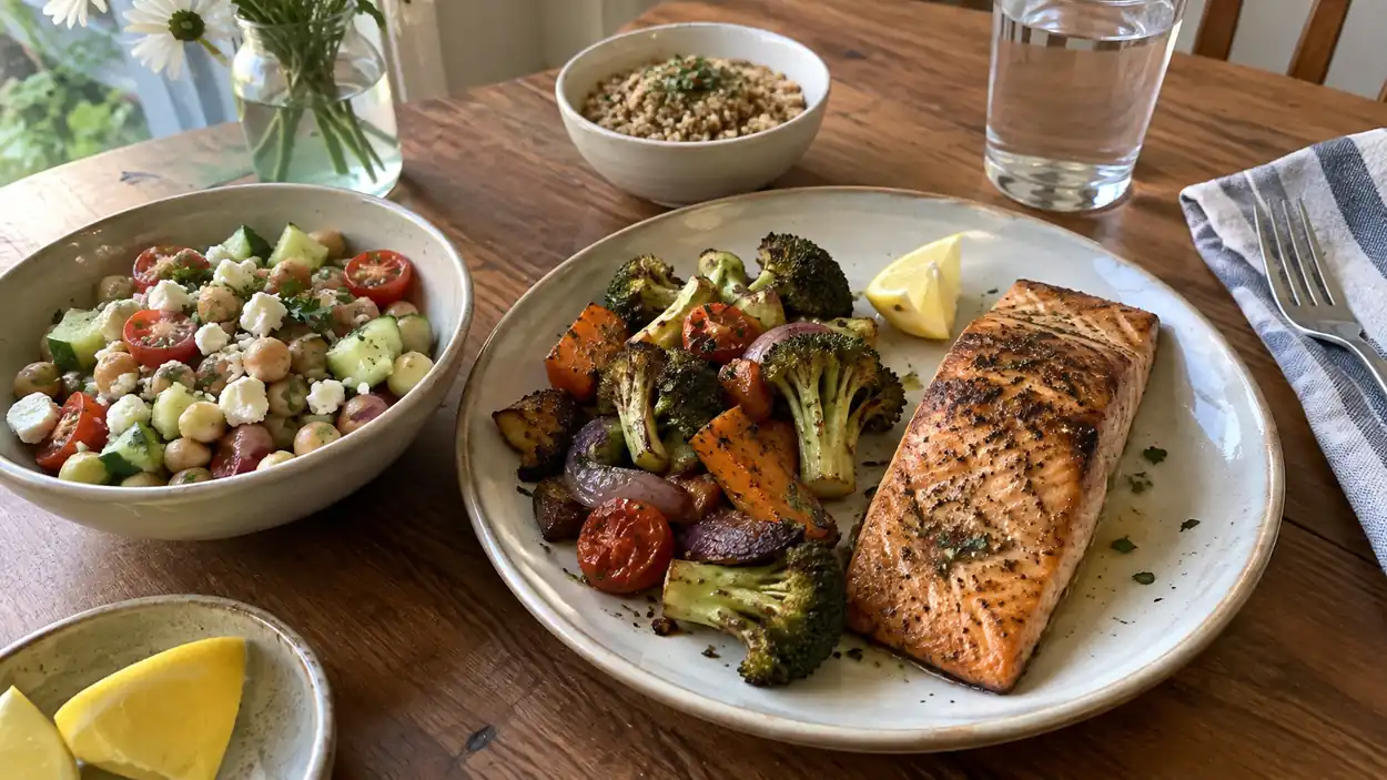 Repas pescétarien équilibré avec saumon, légumes, céréales et pois chiches
