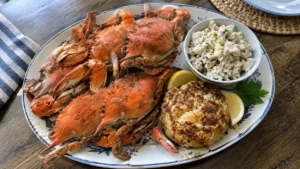 Assortiment de plats maison préparés avec du crabe bleu