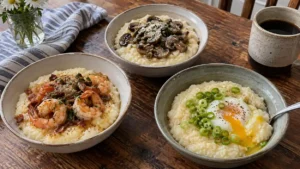 Trois bols de grits du Sud garnis de crevettes, champignons et œuf