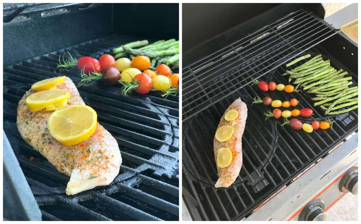 2 collages de photos sur du poisson, des tomates raisins et des asperges grillées.
