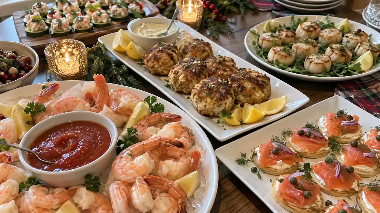 Table de fête garnie d’entrées aux crevettes, saumon, crabe et pétoncles