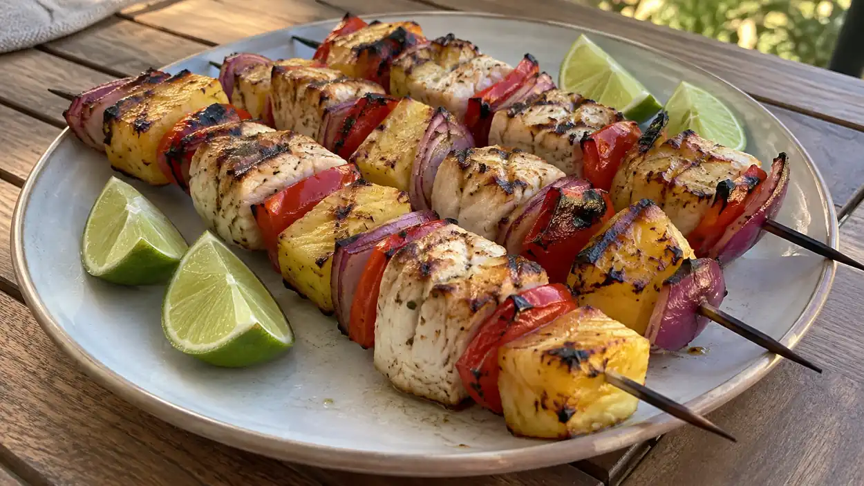 Brochettes de flétan grillé avec ananas, poivron et oignon rouge