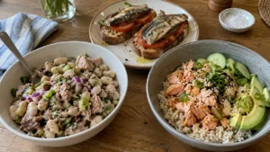 Trois repas faciles préparés avec du thon, des sardines et du saumon en conserve