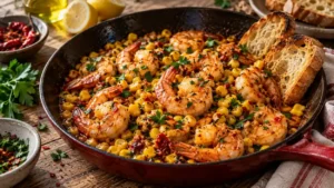 Crevettes et maïs, sauce au beurre et au piment calabrais