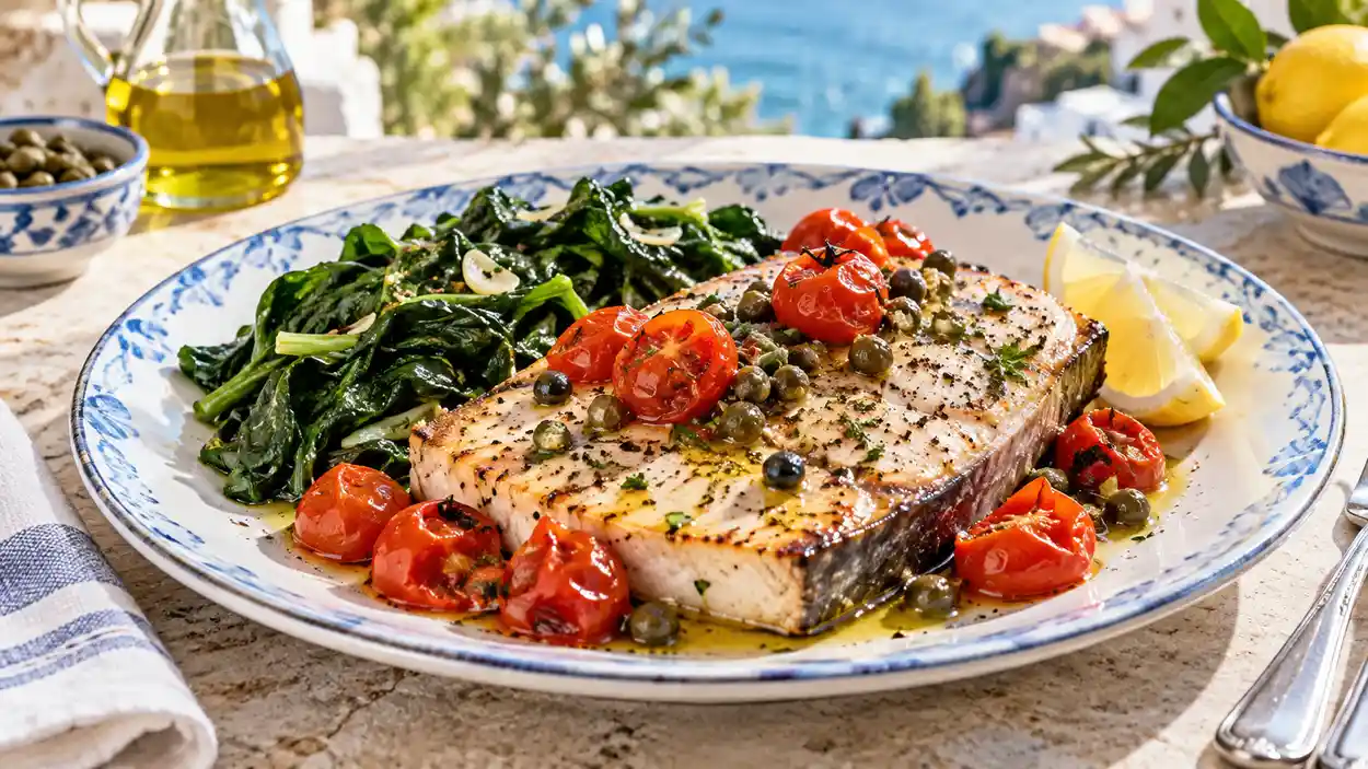 Espadon au four avec tomates, câpres et légumes verts