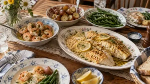 Repas familial de poisson et fruits de mer servi dans des assiettes anciennes