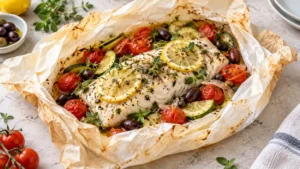 Poisson en papillote aux garnitures méditerranéennes