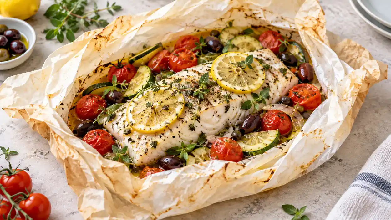 Poisson en papillote aux garnitures méditerranéennes