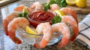 Cocktail de crevettes classique avec sauce rouge et quartiers de citron