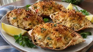 Crabe diabolique gratiné dans des carapaces avec citron et persil