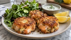 Gâteaux aux crevettes dorés servis avec salade, citron et sauce aux herbes